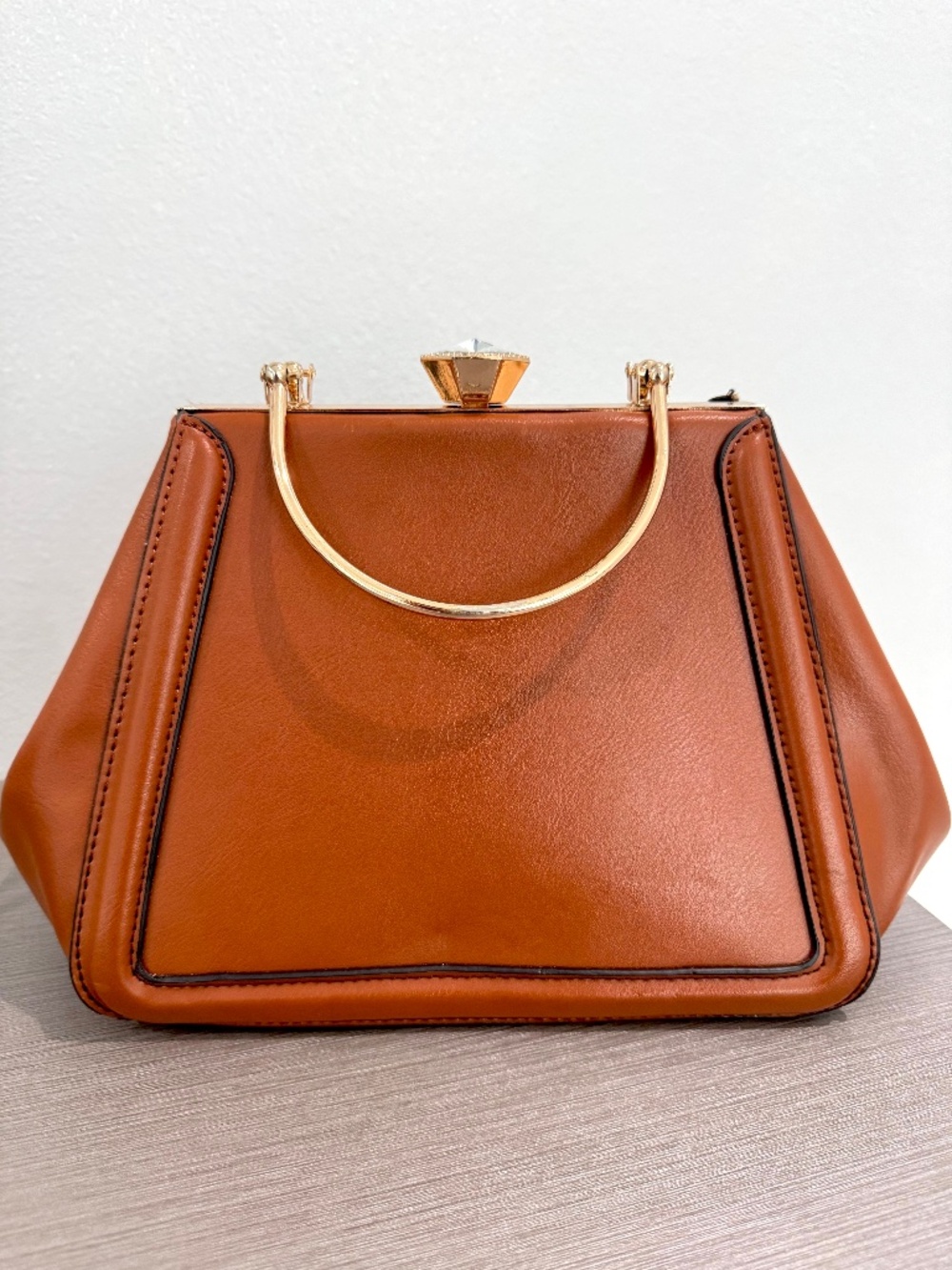 Camel Brown Faux Leather Top-Handle Handbag Clasp Purse